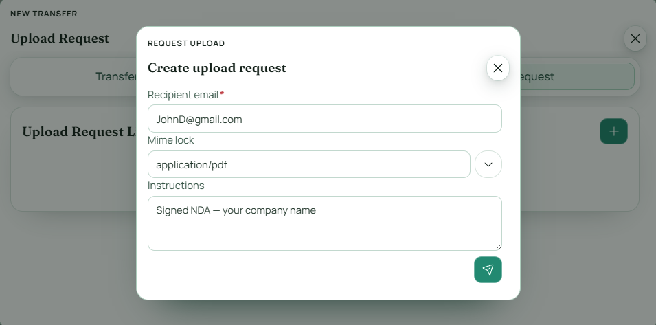 File request form showing the name and description fields