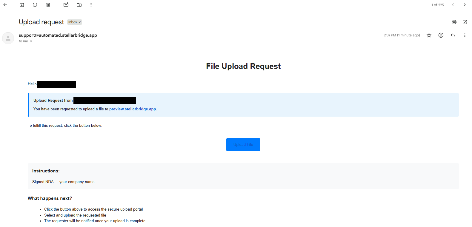 Email containing the file request link as seen by the recipient
