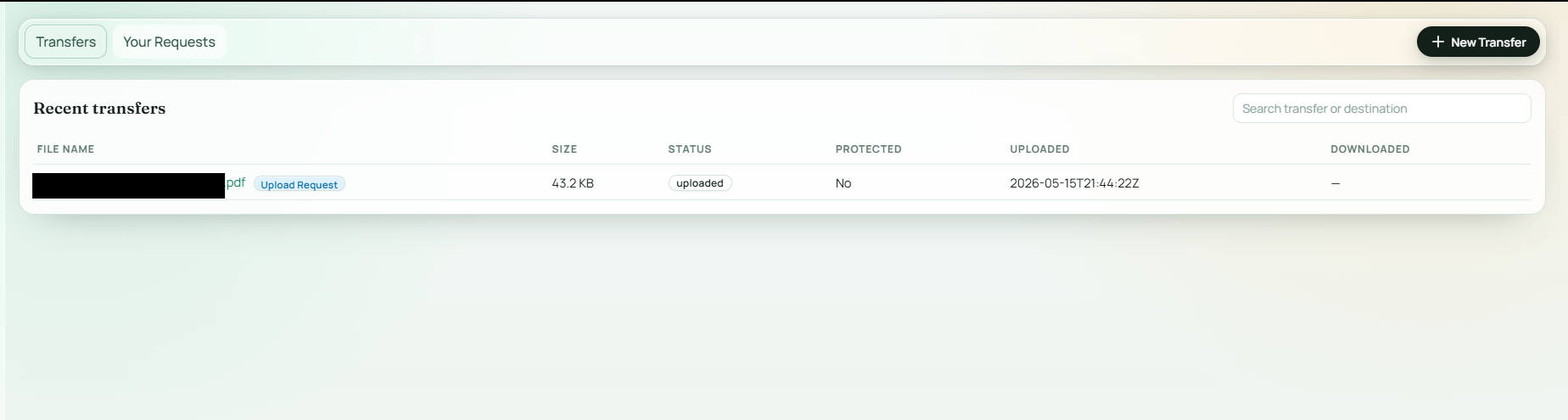 Dashboard view showing the received file attached to the request