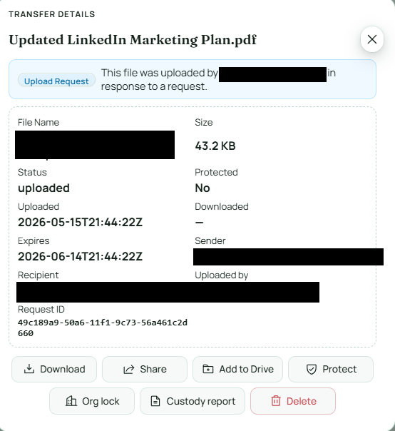 Audit trail log entry for the incoming file transfer