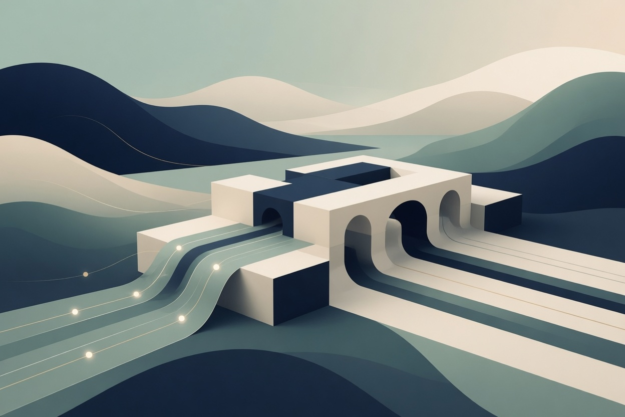 Abstract illustration of governed data pathways and controlled flow