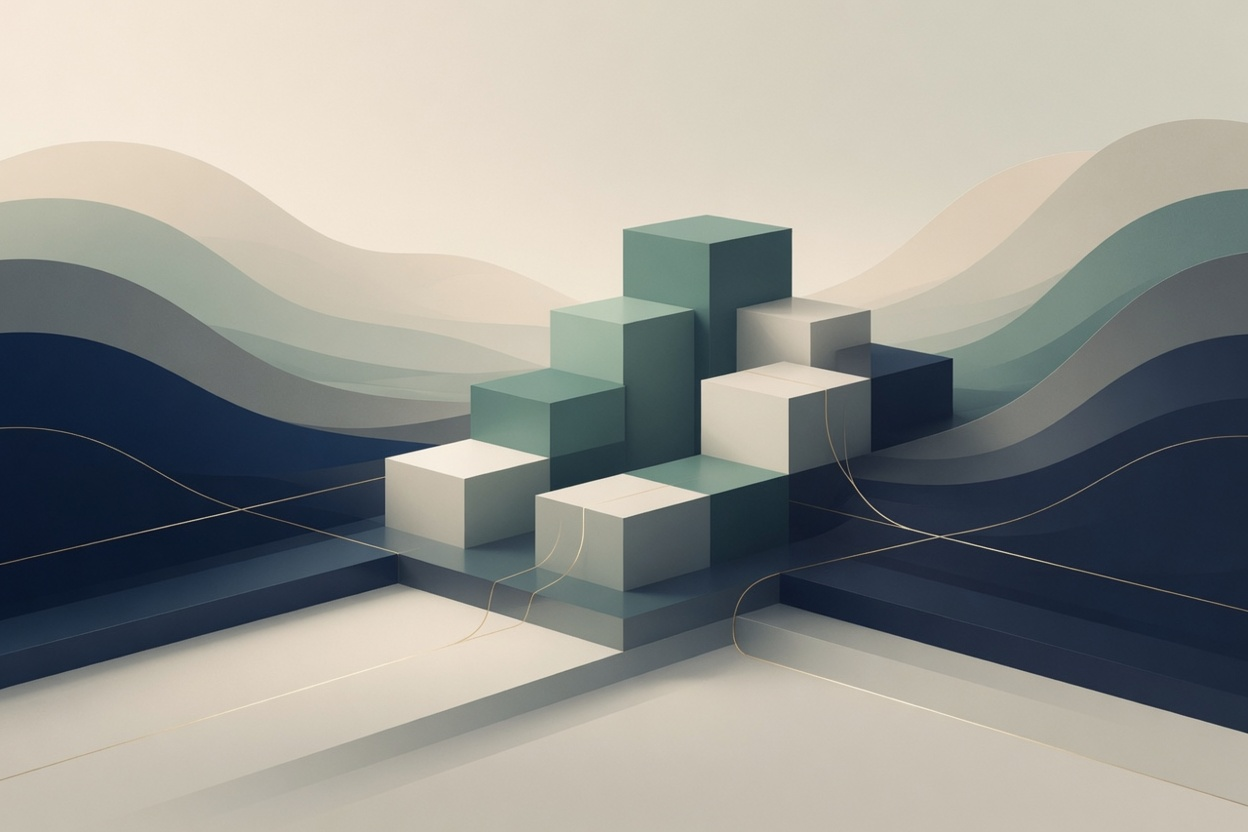 Abstract illustration of ordered forms held within calm governed structure